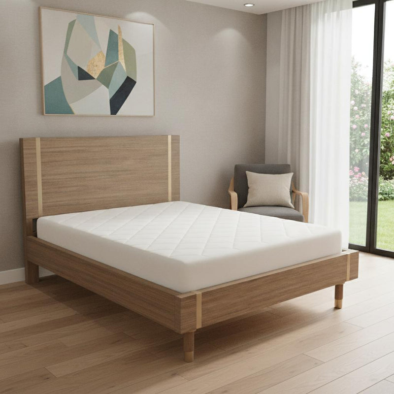 Natural wood full bed frame with tall headboard, slatted base, and light wood legs