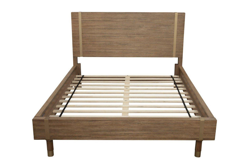 Natural wood full bed frame with slatted platform, panel headboard, and short legs