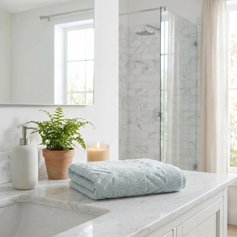 Aqua geometric Turkish cotton hand towel, neatly folded on bathroom countertop