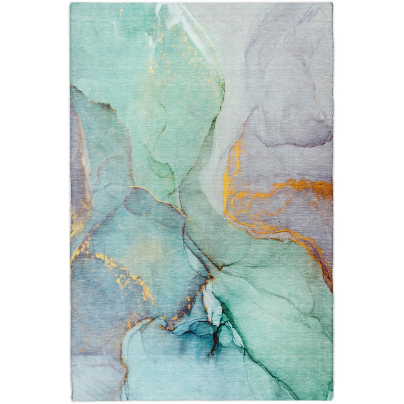 Rectangular abstract shag area rug in teal, gray, and yellow with distressed lines