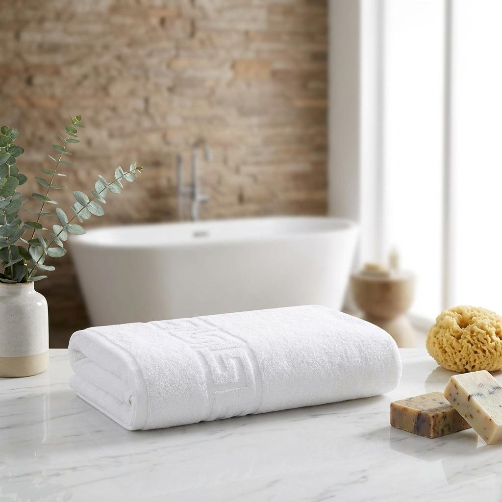 Two white bath sheets rolled and stacked, Greek key border visible at center