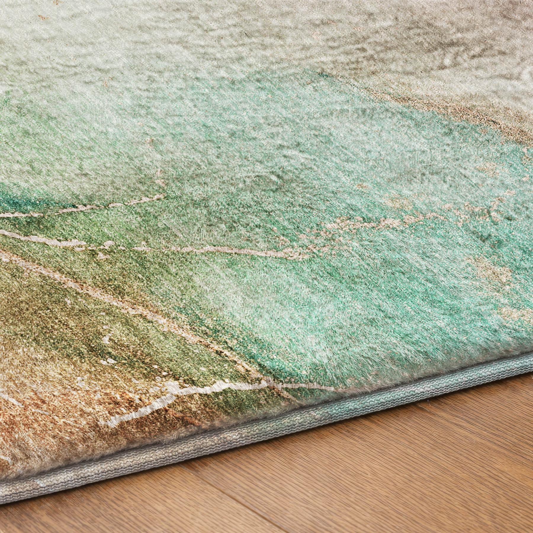 Abstract teal shag area rug with mottled beige pattern and gray edge