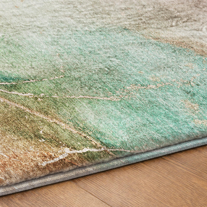 Abstract teal shag area rug with mottled beige pattern and gray edge