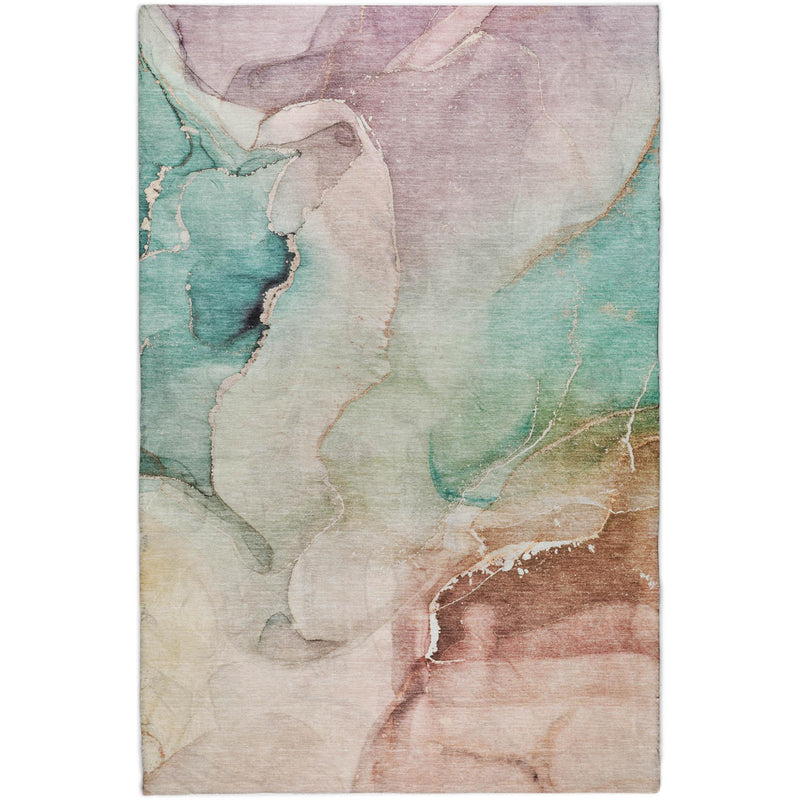 Abstract rectangular area rug with teal, beige, and brown painted look