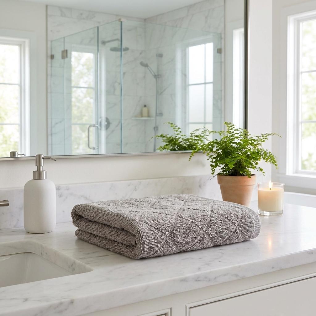 Two folded taupe Turkish hand towels with geometric pattern on a countertop