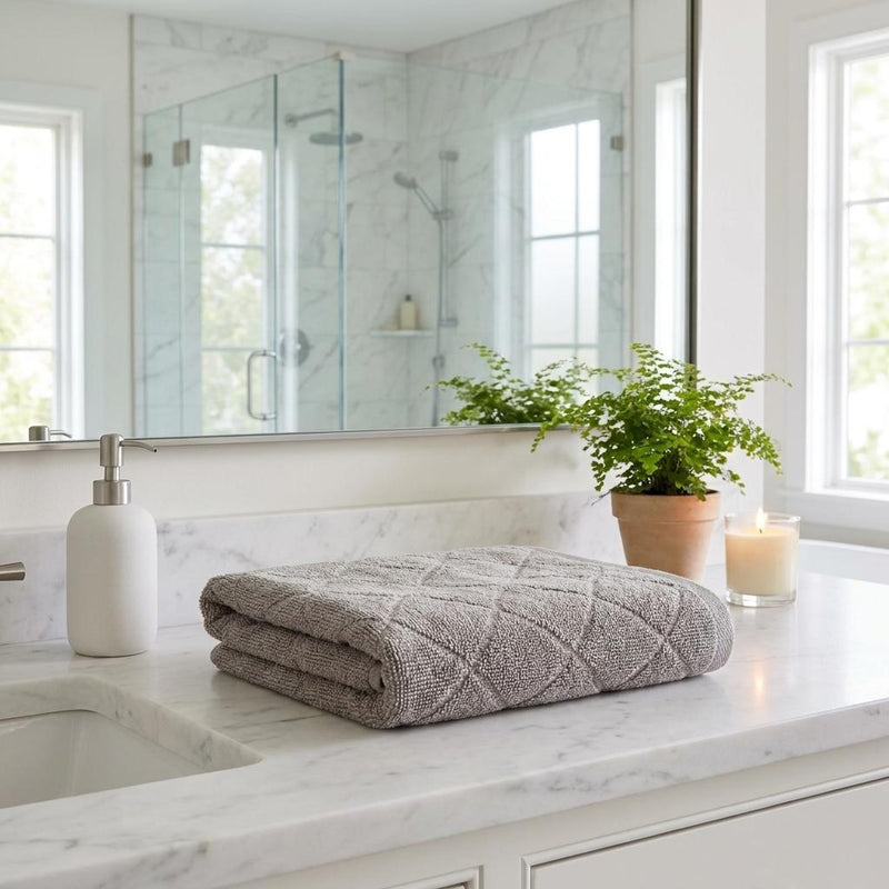 Two folded taupe Turkish hand towels with geometric pattern on a countertop