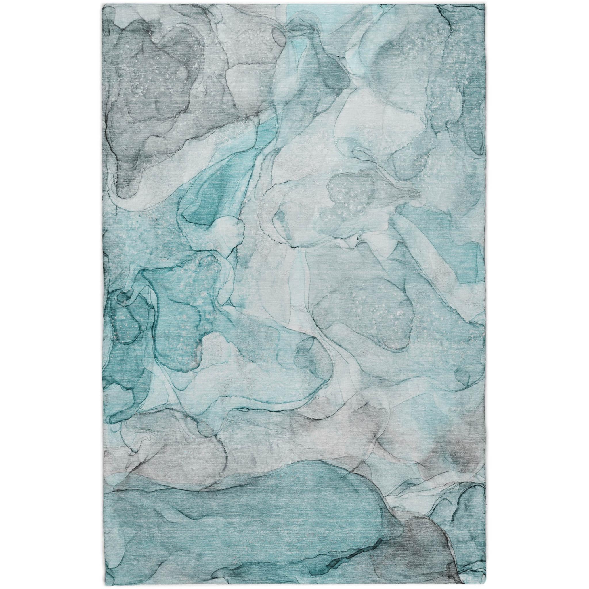 Abstract shag area rug with teal and gray marbled pattern and gray border