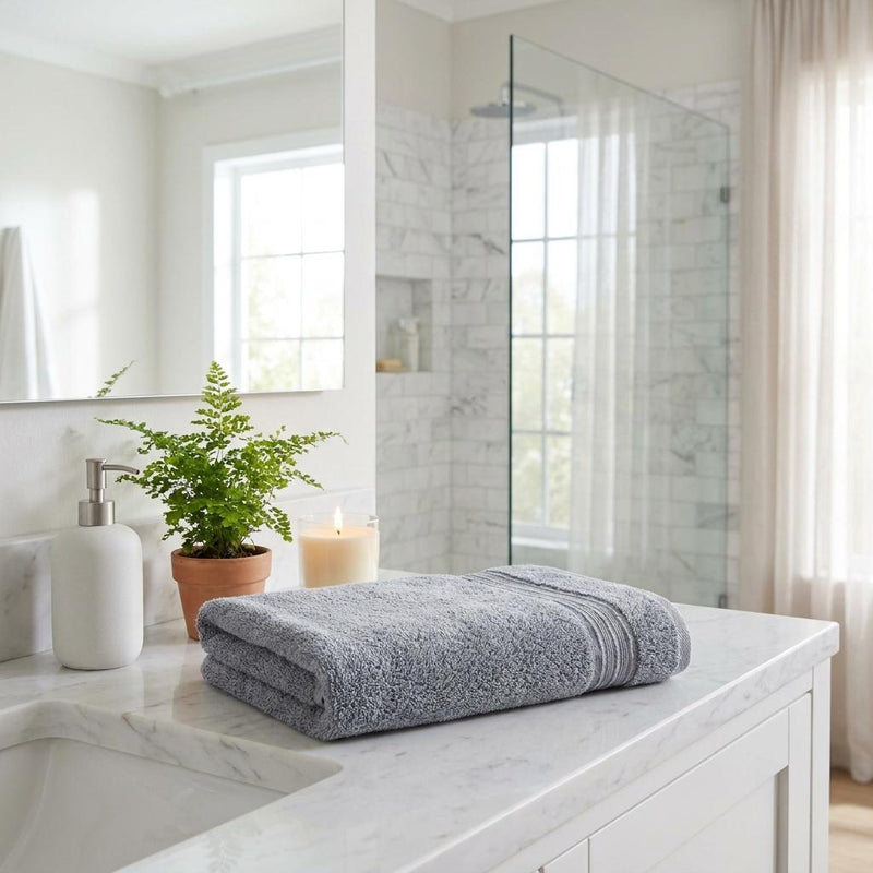 Light gray bath towel set, two folded towels with textured terry pile and stitched edge