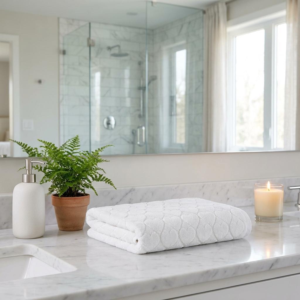 White bath towel set with geometric diamond pattern, neatly folded for storage