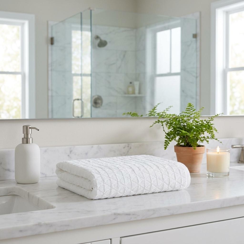 Set of two white bath towels, one rolled, textured geometric woven pattern