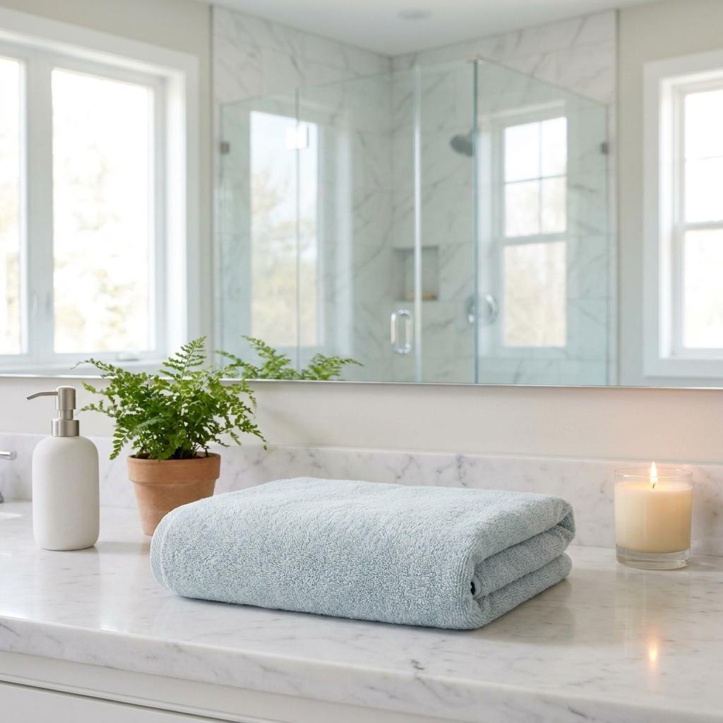 Set of two aqua bath towels, textured Turkish cotton, rolled and stacked