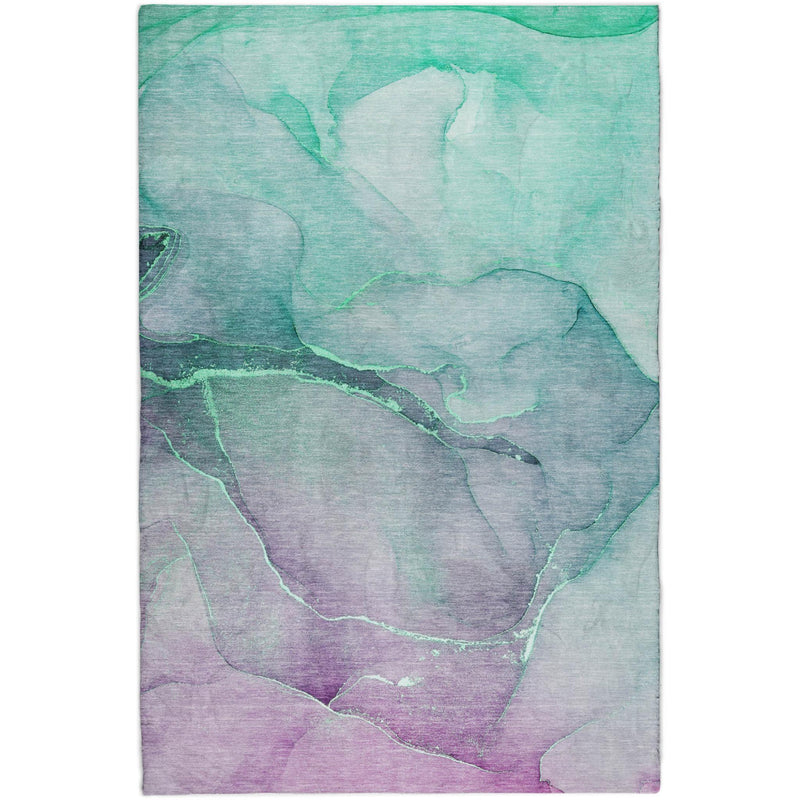 Washable shag area rug, abstract green and teal watercolor pattern with purple hints