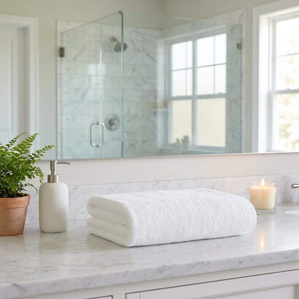 Bath towels set of two, folded white Turkish cotton towels on a countertop