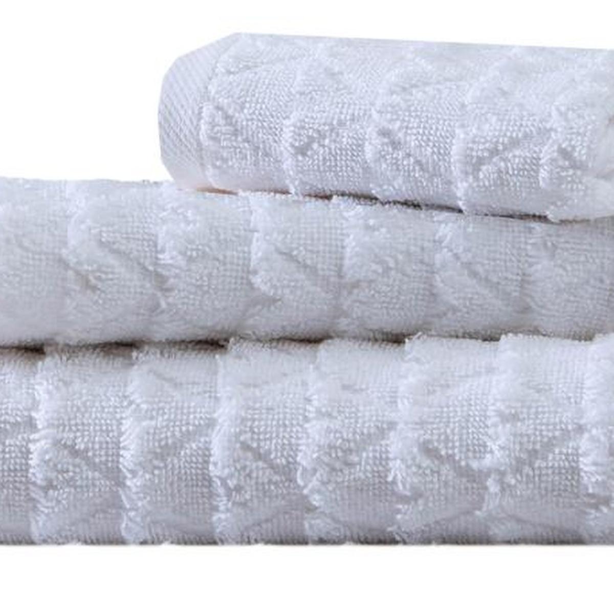 White Turkish cotton towels featuring subtle geometric pattern, textured jacquard