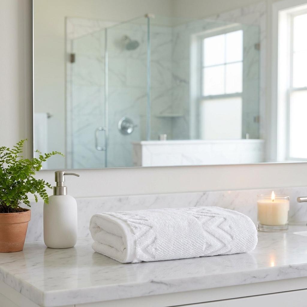 Set of two white hand towels with textured geometric zigzag pattern, rolled on surface