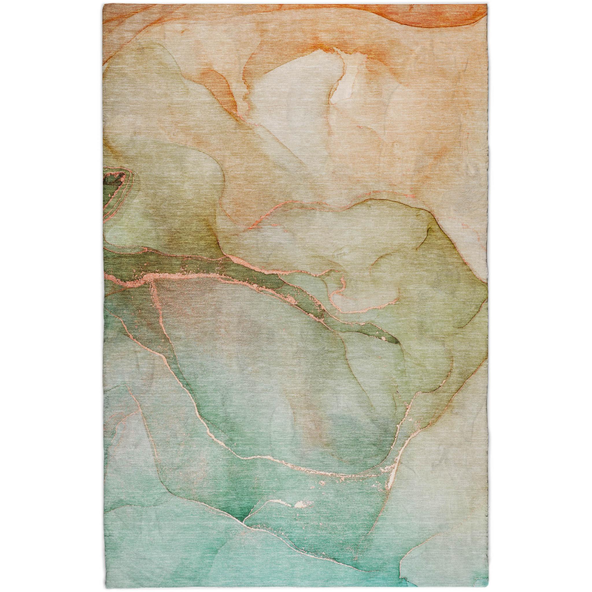 Rectangular abstract area rug with teal and coral orange marbled pattern, full view