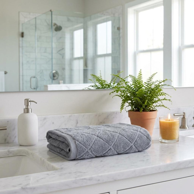Light gray Turkish cotton hand towels set of two, folded on a countertop