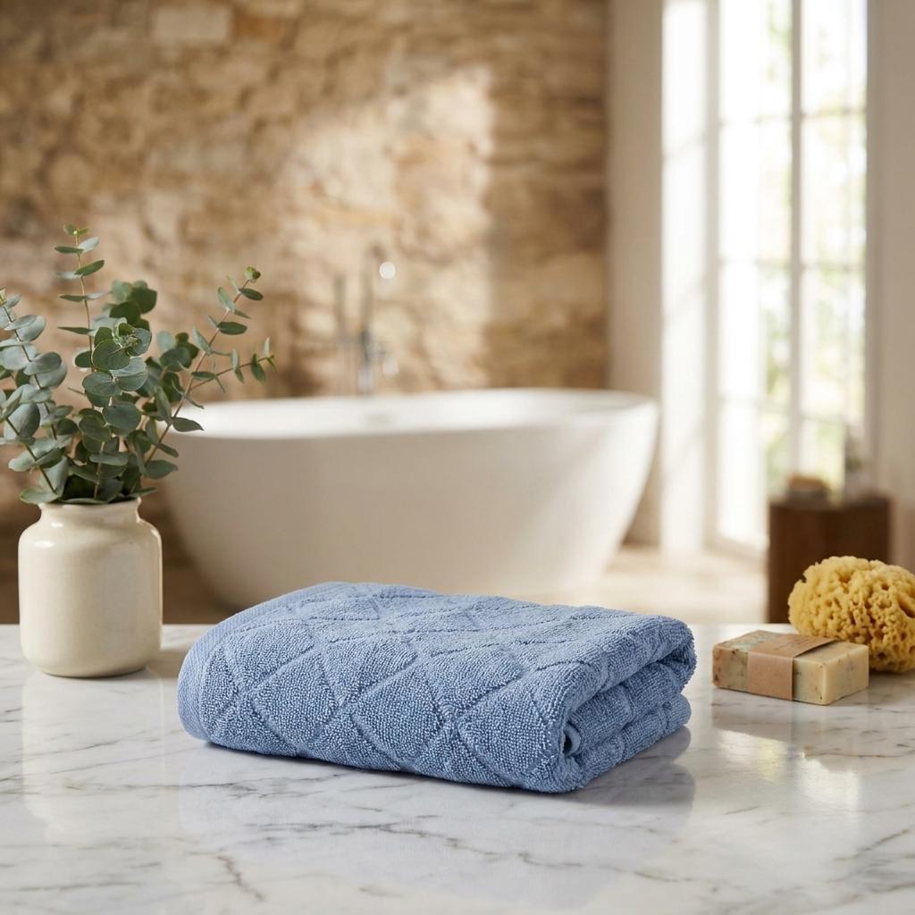 Blue geometric Turkish cotton hand towel set, two rolled towels with textured pattern