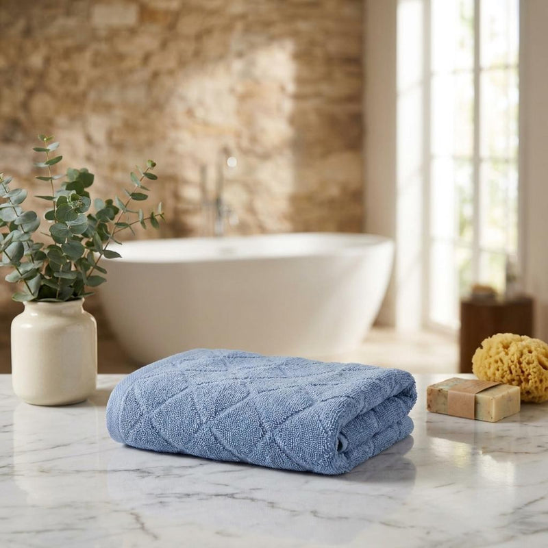 Blue geometric Turkish cotton hand towel set, two rolled towels with textured pattern