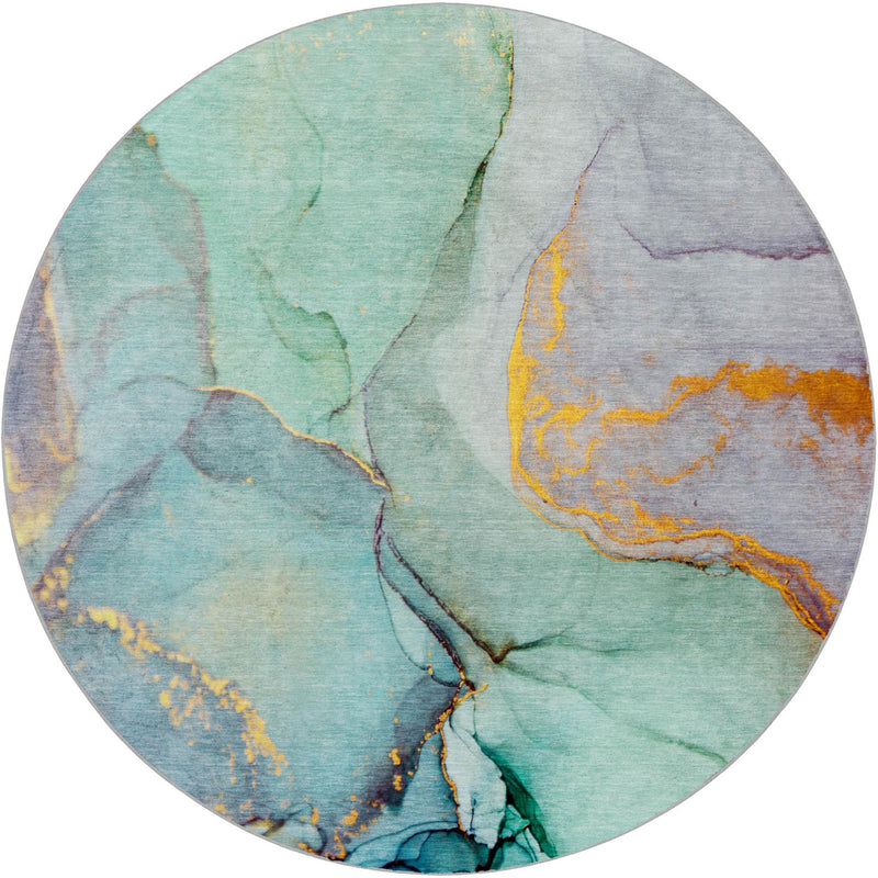 Round abstract shag rug in teal and blue with gray base and yellow-orange accents.