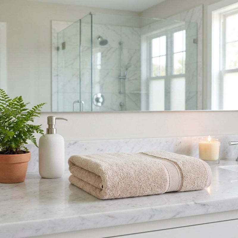 Two folded bath towels in light tan with striped borders on bathroom countertop.