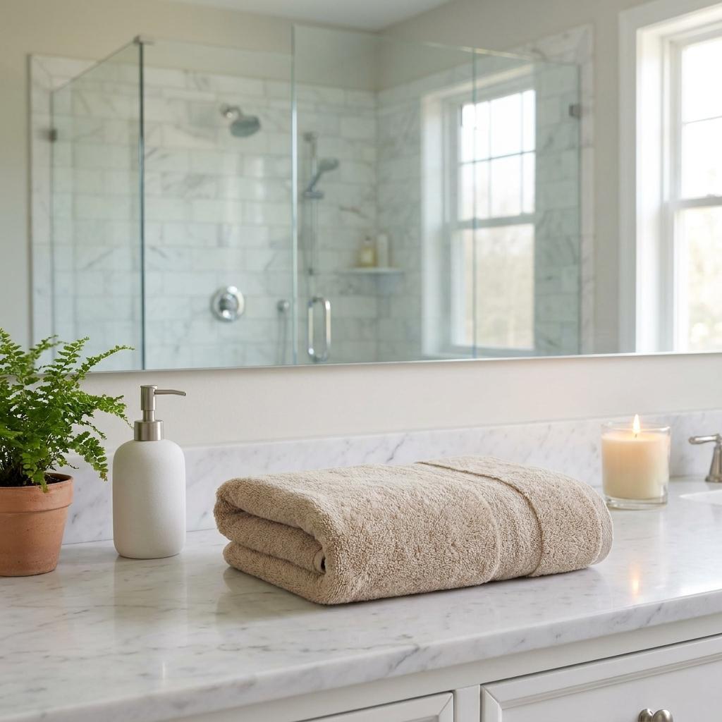 Beige Turkish cotton bath towels rolled and stacked, set of two, 40 x 70 in