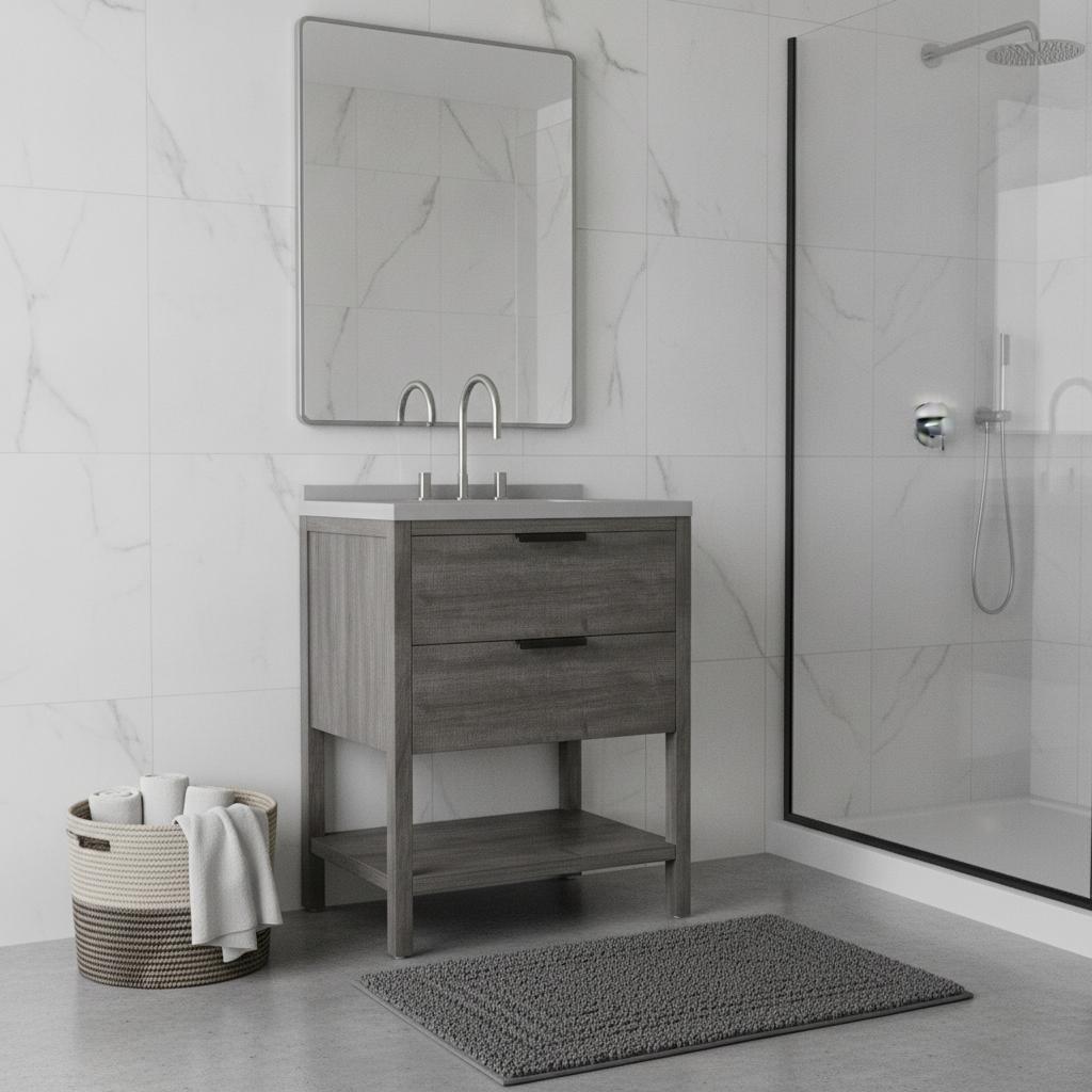 Gray freestanding vanity with white sink top, two drawers, and open storage shelf