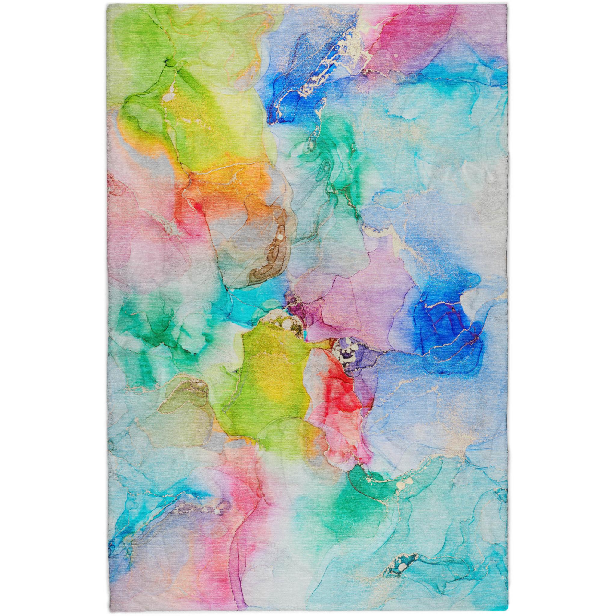 Rectangular multicolor abstract area rug with textured shag pile and gray border.