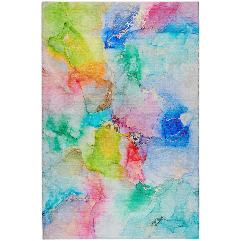 Rectangular multicolor abstract area rug with textured shag pile and gray border.