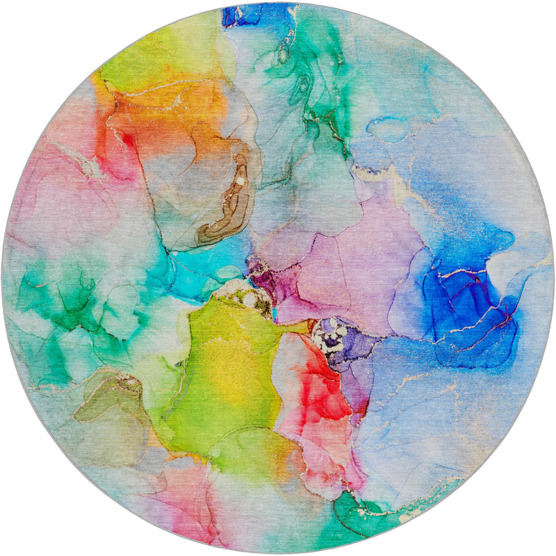 Full round abstract shag rug with colorful watercolor-like blocks in blue, teal, purple, and green