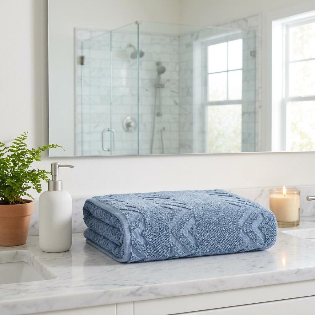 Turkish cotton towel set in blue with folded geometric chevron pattern