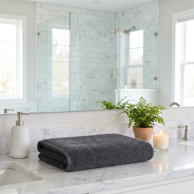 Dark gray bath towel, folded, waffle-textured weave.