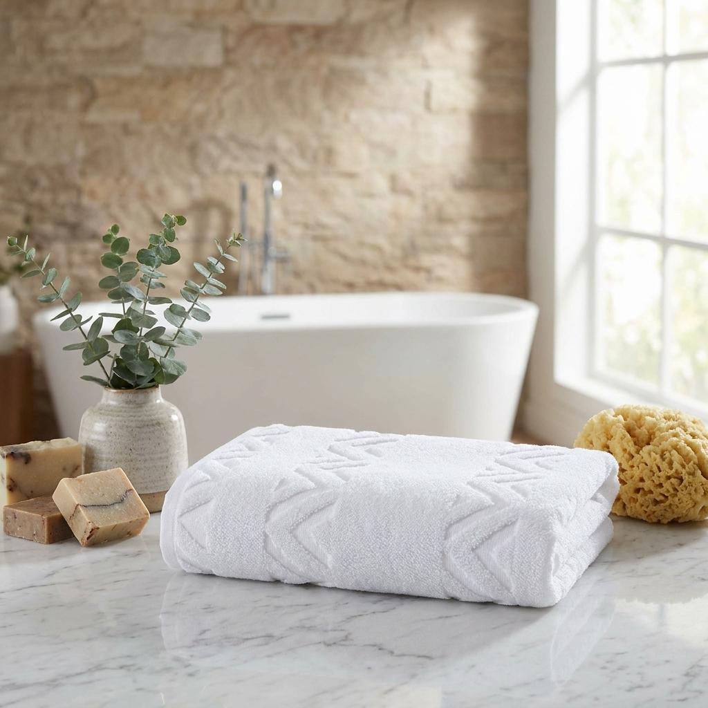 Set of six Turkish cotton towels, white chevron towel folded on bathroom counter