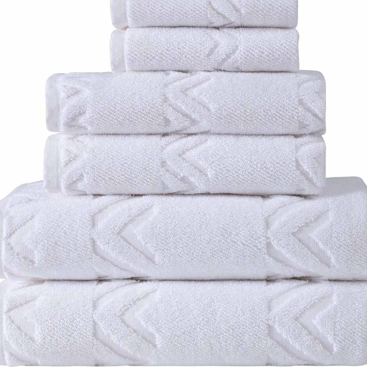 Set of six Turkish cotton towels, white chevron pattern, folded stack view