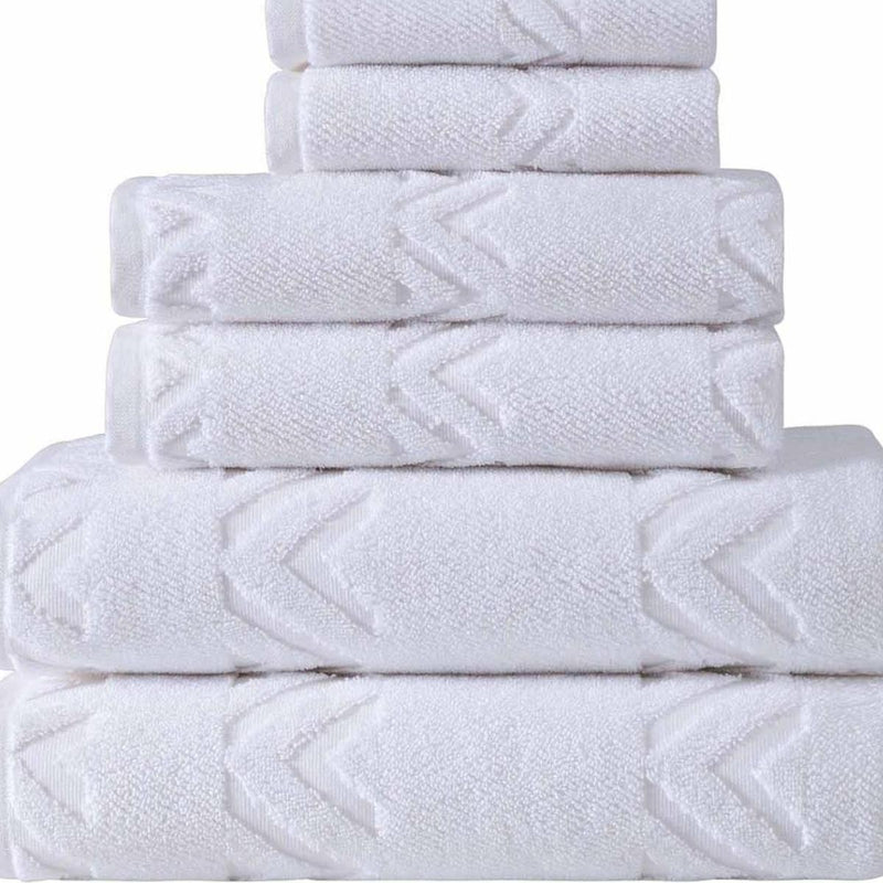 Set of six Turkish cotton towels, white chevron pattern, folded stack view
