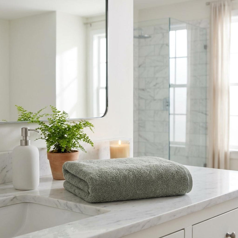 Set of two green Turkish cotton bath towels, rolled and placed on countertop