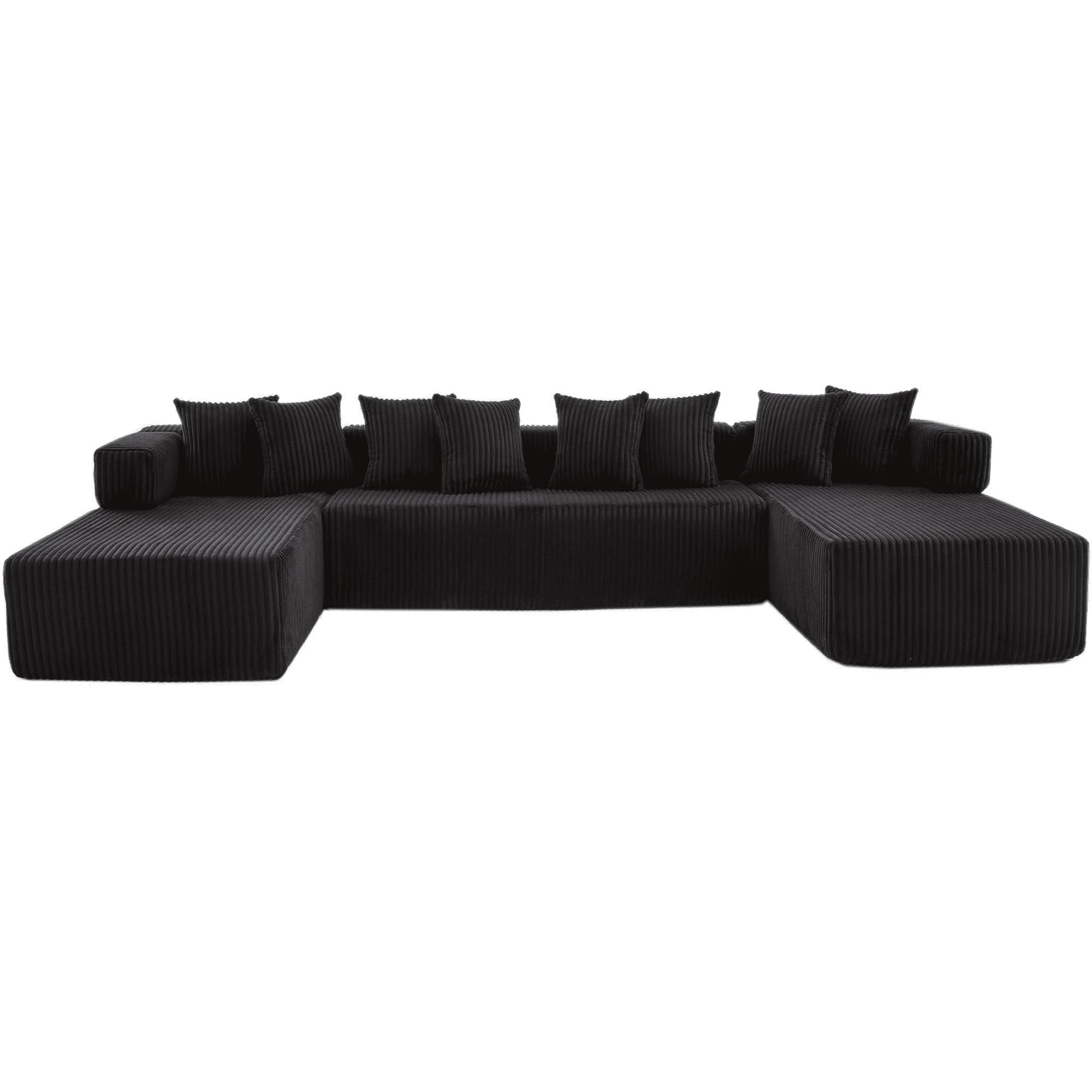 Dark corduroy U-shaped sectional sofa with corner chaise and stacked throw pillows