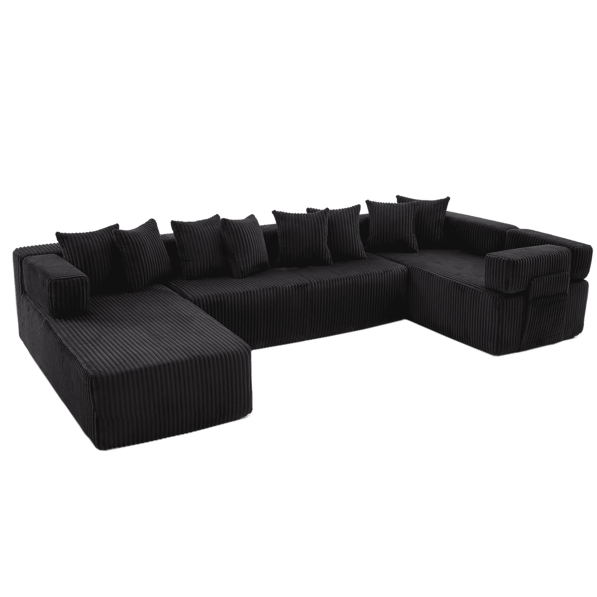 Dark corduroy corner sectional with low chaise seats and back cushions, featuring throw pillows