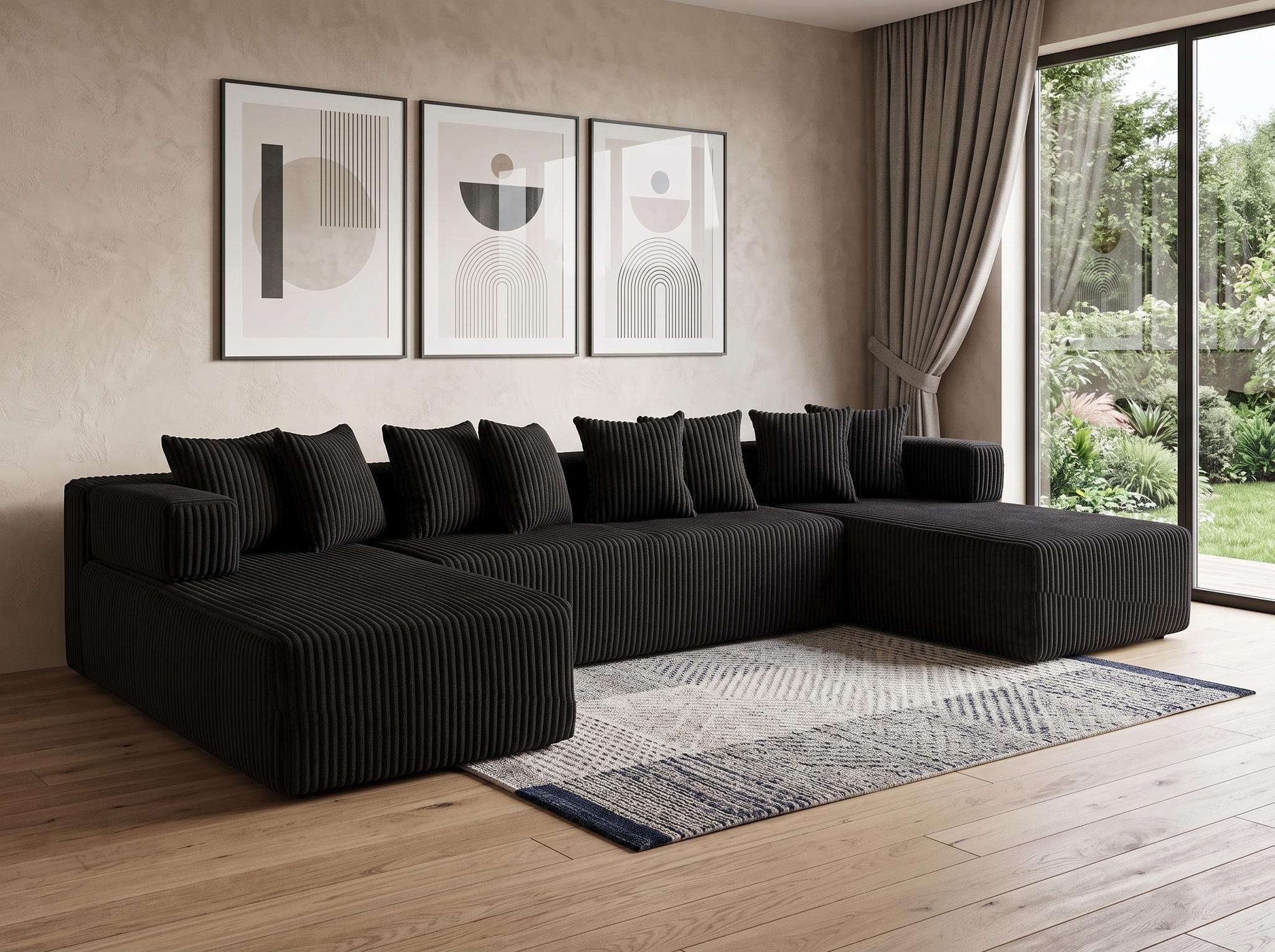 Dark corduroy U-shaped sectional sofa with chaise corner and multiple throw pillows