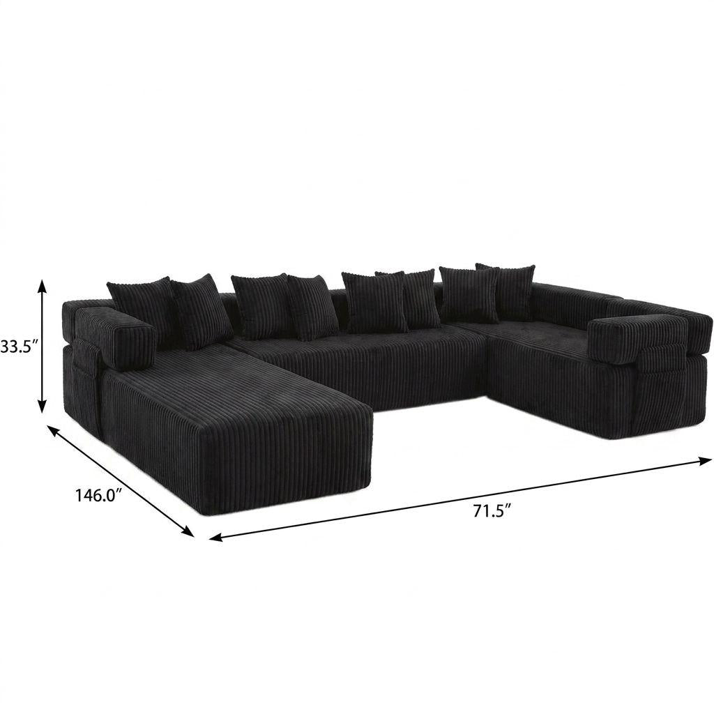 Dark corduroy sectional sofa with U-shaped layout, corner blocks, and throw pillows