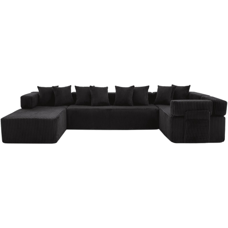 Dark corduroy U-shaped sectional sofa with corner chaise seats and back throw pillows