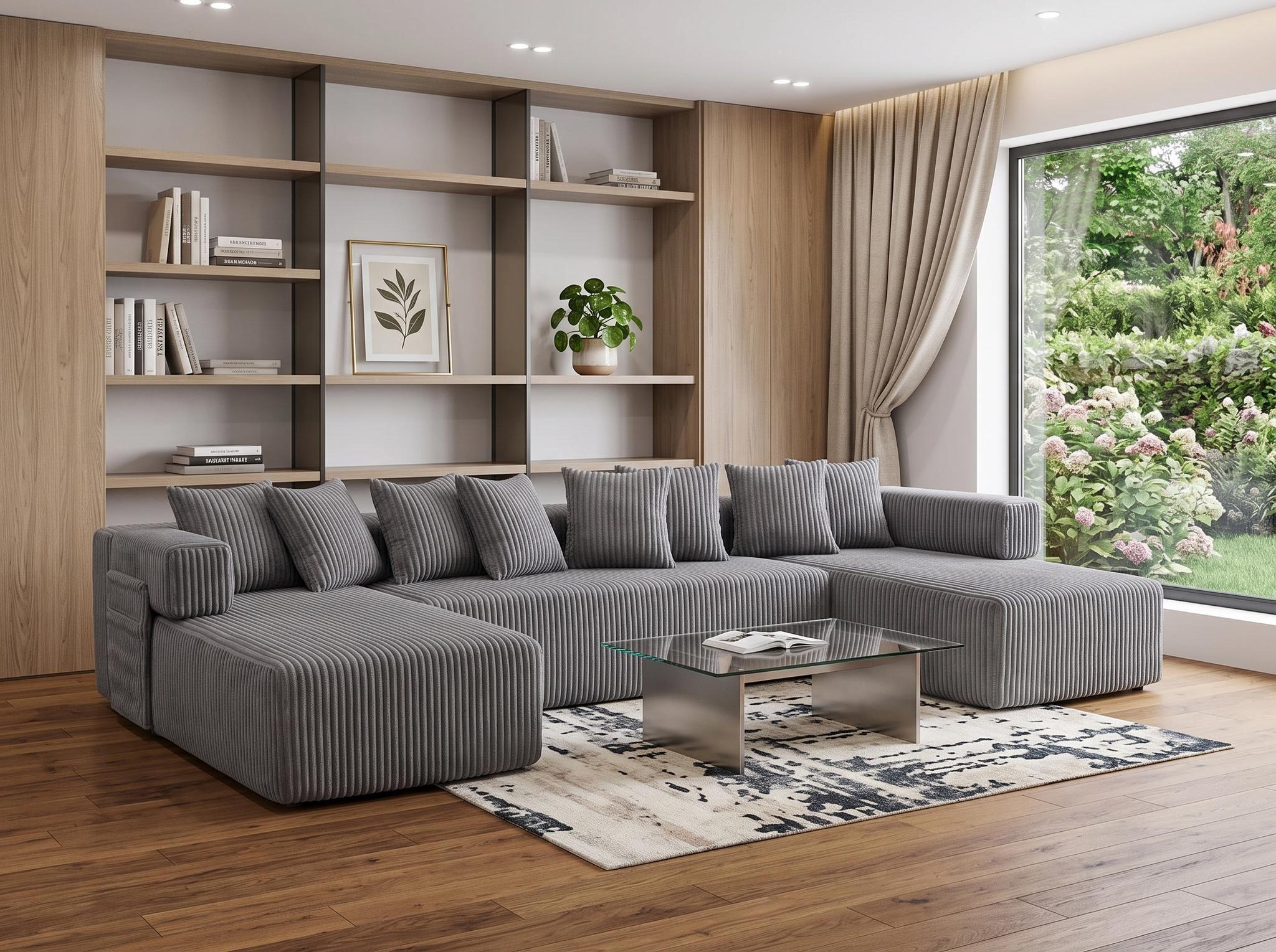 Dark gray corduroy U-shaped sectional sofa with console and toss pillows