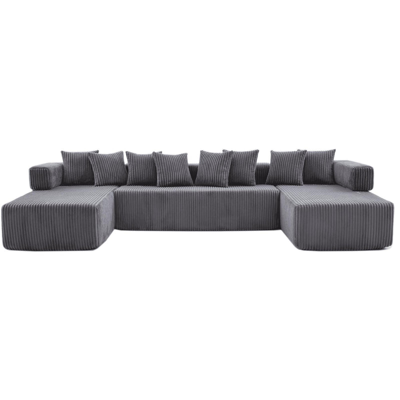 Dark gray corduroy U-shaped sectional sofa with ottoman corner seats and back pillows