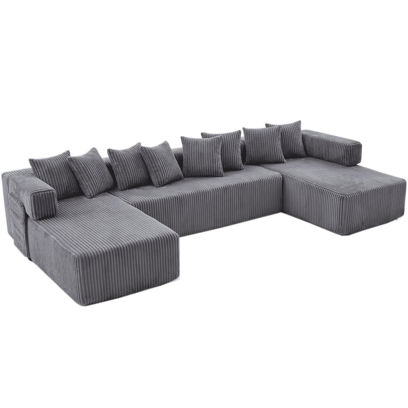 Dark gray corduroy U-shaped sectional sofa with corner chaise and toss pillows