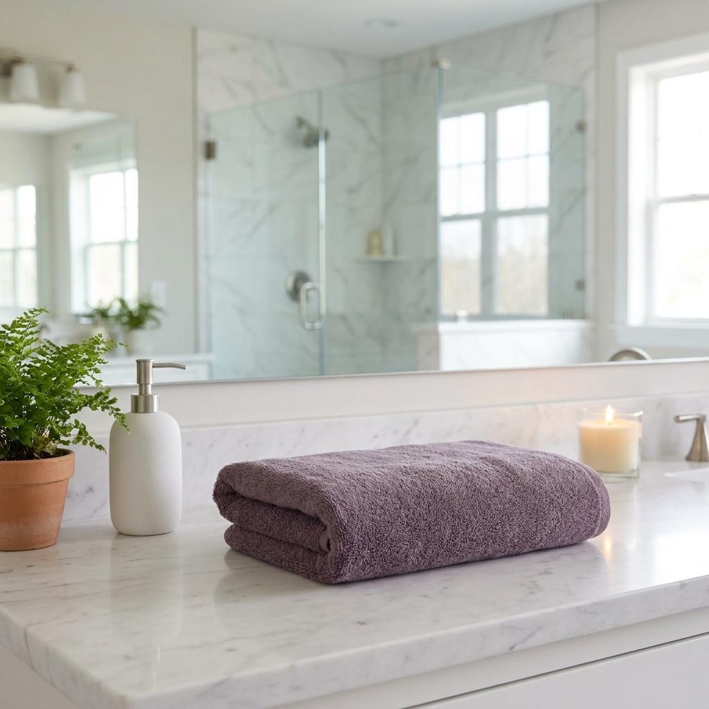 Two purple bath towels, neatly folded for bathroom use