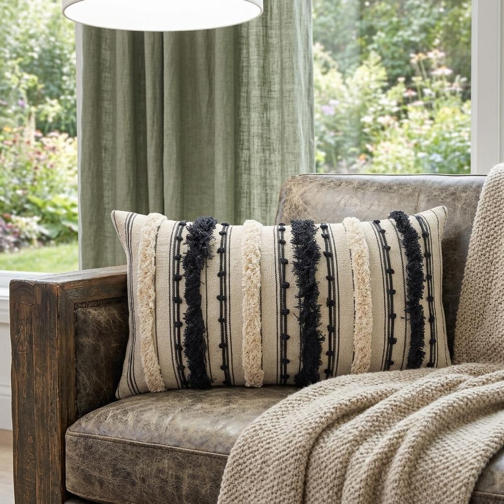 14" X 26" Beige And Black Cotton Throw Pillow With Fringe And Texture - Home & Garden