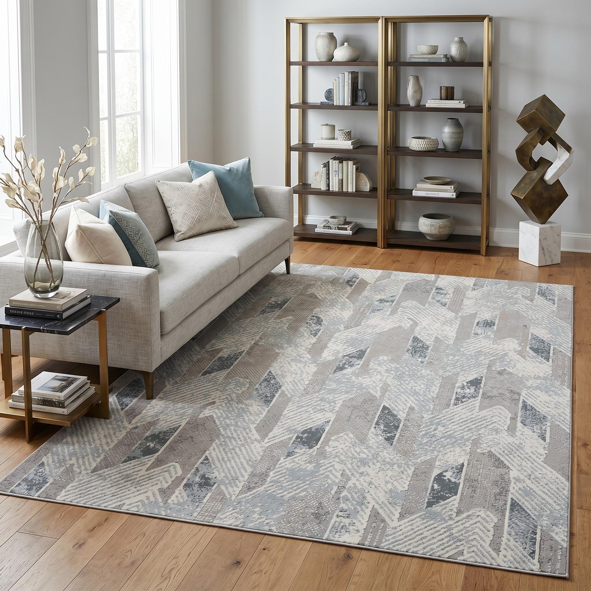 2' X 3' Gray Blue And Cream Geometric Distressed Stain Resistant Area Rug - Home & Garden