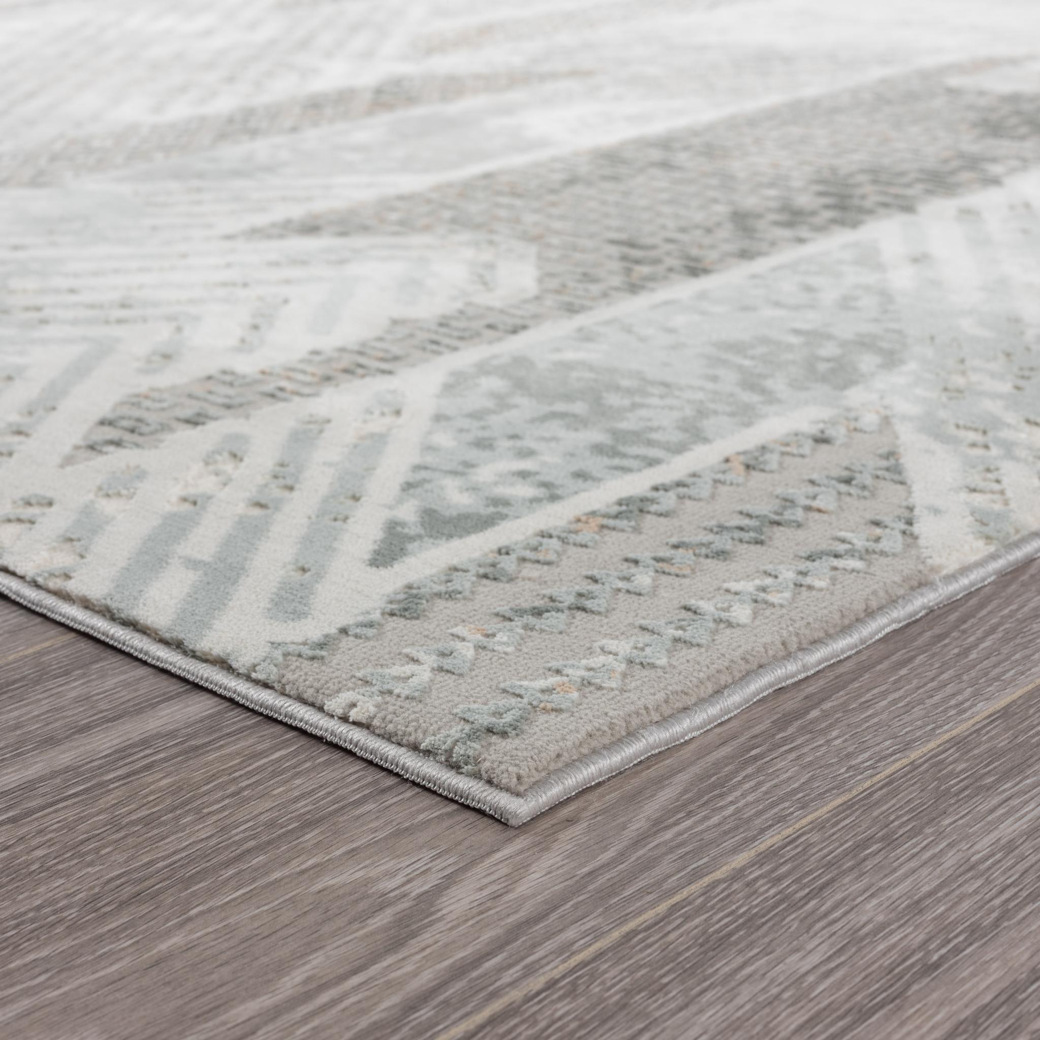 2' X 3' Gray Blue And Cream Geometric Distressed Stain Resistant Area Rug - Home & Garden