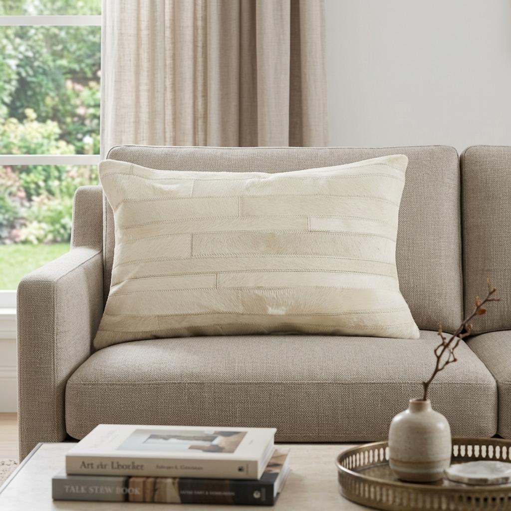 12" X 20" Off White Patchwork Cowhide Lumbar Throw Pillow - Home & Garden