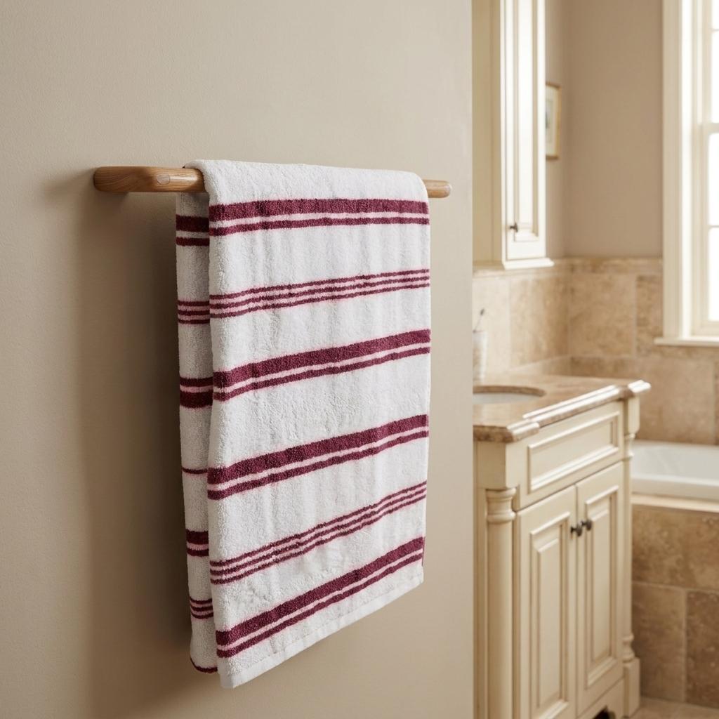 Solid teak towel bar mounted on wall, holding a white towel with burgundy stripes